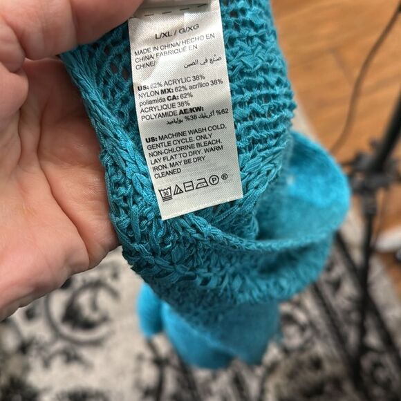 Chico's Turquoise Blue Tape Yarn Chunky Woven Convertible Poncho - Picture 10 of 15